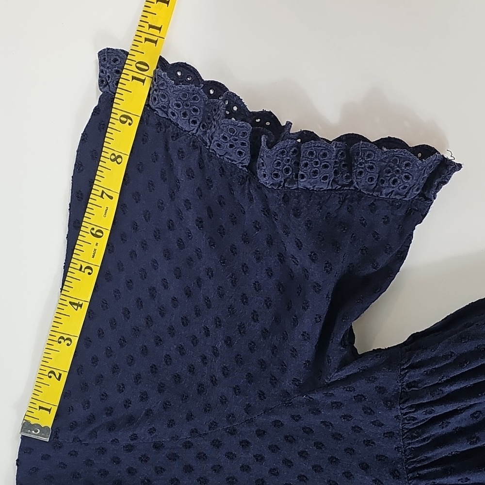FRNCH Paris Navy Blue Eyelet Lace Mini Dress Scallop High Neck Swiss Dot Boho M - Picture 10 of 12